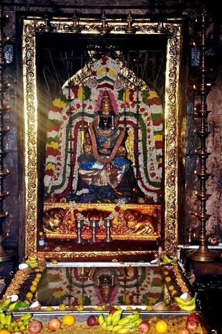  2.Imposing 5Ft Goddess Lalithambikai is beautifully seated on SriChakra Simhasana in AbhayaHastha mudra.On VIJAYADASHAMI ,plantain leaves are spread in Sanctum over 15ft*5ft area & divided into 3 sections.1st section closest to Goddess ,100 kg of sweet Pongal/Rice is spread