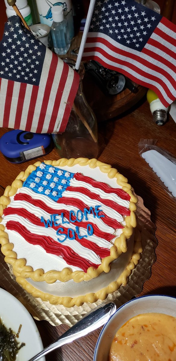 SolomoneSavelio's tweet photo. Made it home ok from Orlando. Unpacked the bags. Get the truck ready for work tomorrow. Then cooked dinner to celebrate my being an #American My host bought me a cake #welcomesolo like I had been away for so long. So delicious and so happy. Now, ready to defend the constitution https://t.co/8AXK8Ffthq