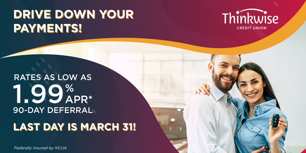 ThinkwiseCU's tweet photo. Do you have a high-interest #AutoLoan elsewhere? Contact us to see if we can help lower your payments and take advantage of a 90-Day Payment Deferral! 🚗 💨 For full disclosures and more information, visit our website. ⬇️
Learn more: https://t.co/dU54TZfz1A
#NewCar #ThinkwiseCU https://t.co/NPuRzhFiPZ
