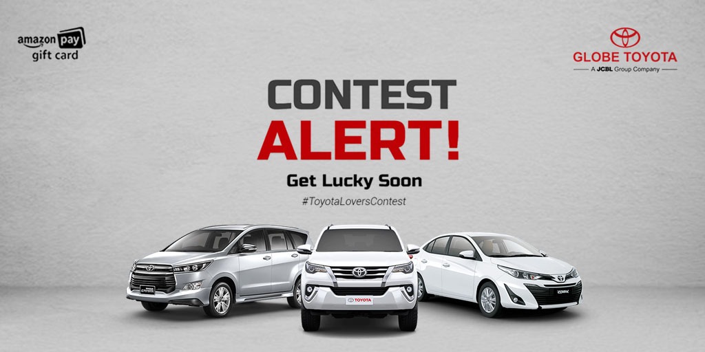 #ContestAlert: All the Toyota lovers, get ready to win Free Amazon Pay Gift Coupon soon.
Contest is on the way. Stay tuned for more updates.

#ToyotaLoversContest #ParticipateNow #GlobeToyota #Toyota #Punjab #Haryana