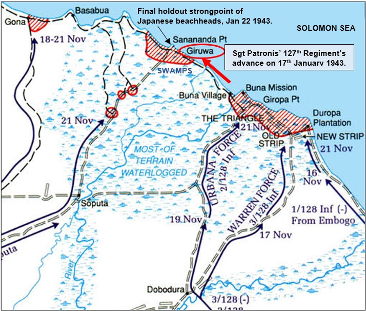 8/The next day a few officers and men of the Australian 55th Battery, in support of the 127th American Regiment, moved up to observe why the American advance was blocked. Battery Commander, Major Hall, was impressed with the American sergeant's "lone hand" initiative & courage.