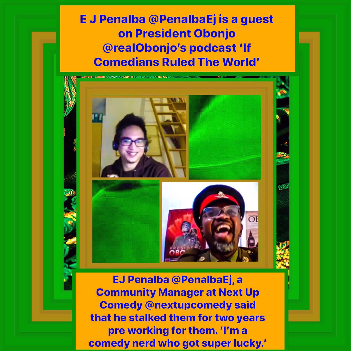 sanshui596's tweet photo. E J Penalba, community manager @ #NextUpComedy, is a guest on #PresidentObonjo #realObonjo’s #podcast ‘If Comedians Ruled The World’
#comedians #performers #comedy #comics #edfringe #comedyfans #comedynerds #comedyaddicts #PodcastRecommendations #UK #nyc
https://t.co/arFXG9epse https://t.co/Vog3eRm0cj