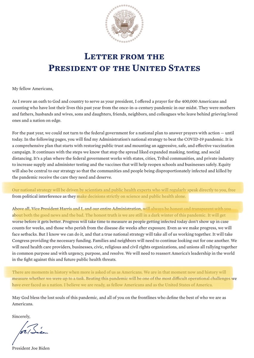 Immediately striking is the tone. Not only does it begin with a letter from  @POTUS speaking directly to the public, but the language repeatedly stresses trust, transparency, solidarity. The letter is a smart move by admin, signaling willingness to engage in discourse. (2/X)