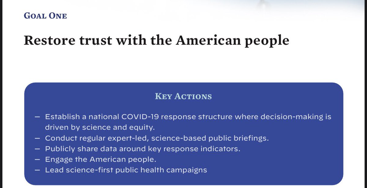 Goal 1: Restore Trust- Science & equity-based decisions- Regular expert-led briefings - Real-time data on response & performance (county level)- Regular engagement w/ local leaders, vulnerable groups, students -Campaigns in many languages (masking, testing, vaccines)(6/X)