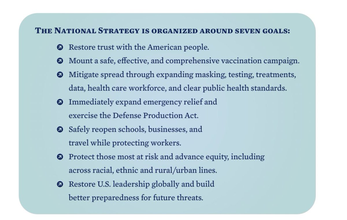 The actual strategy is organized around seven cross-cutting goals. It establishes a White House COVID-19 Response Office that will coordinate all federal agencies + creates publicly accessible performance dashboards for public accountability (big step!)(4/X)
