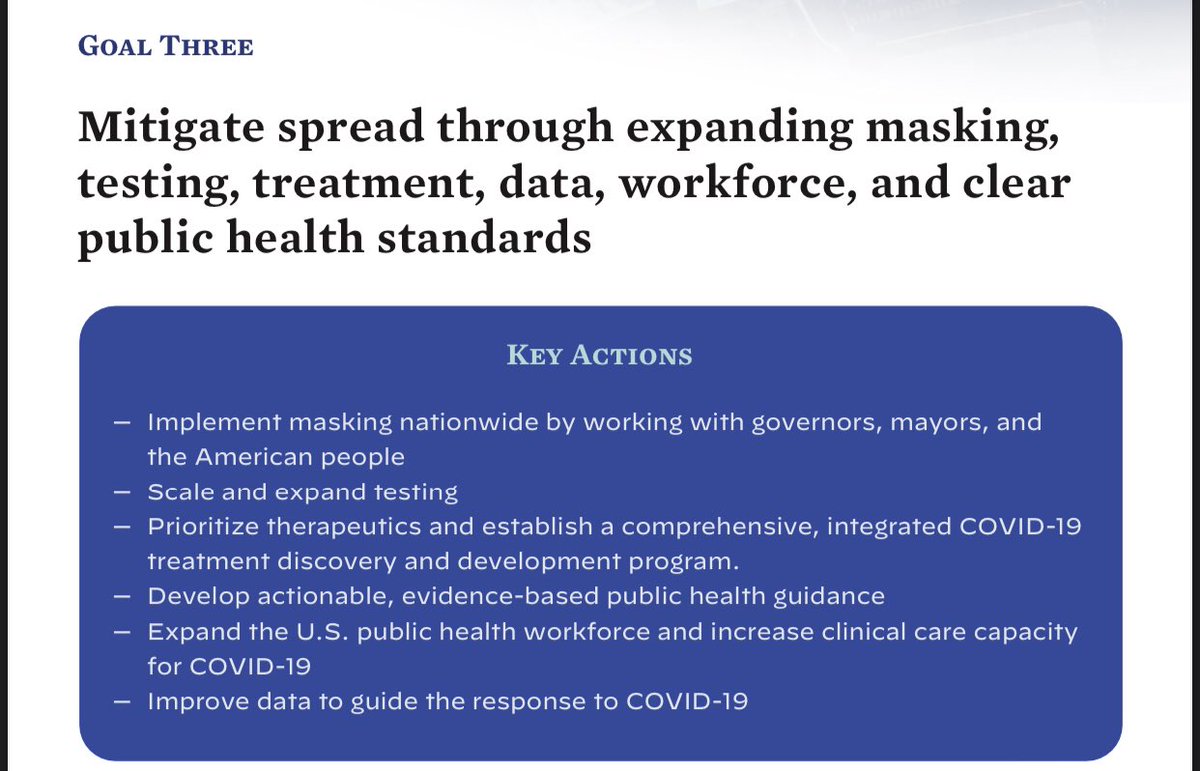 Goal 3: Mitigate Spread - Masking mandate (for now only required in federal spaces + public transport)- Expand testing (COVID-19 Testing Board)- Distribute tests (CDC Testing Support Team, at-home testing, free for ppl w/o insurance)- Rapid therapeutics development(8/X)