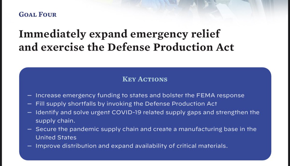 Goal 4: Expand Emergency Relief & Defense Production Act- Bolster FEMA response (+ reimburse PPE for schools and childcare providers!)- Accelerate manufacturing & delivery (12 categories of critical supplies)- Strengthen US supply chain (testing, PPE, vaccines, drugs) (9/X)