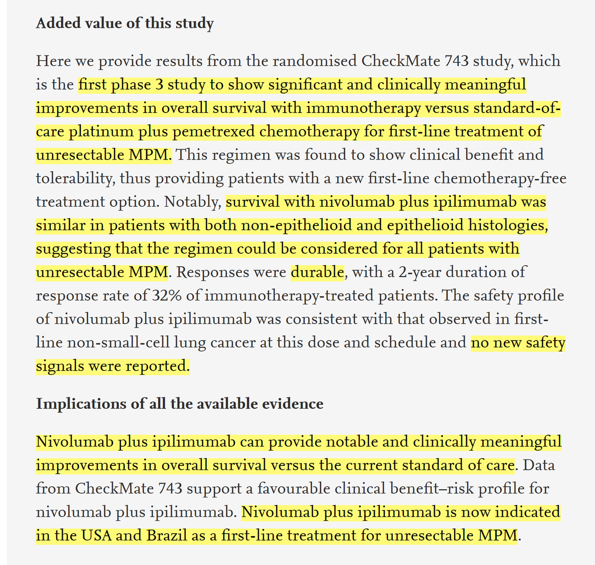 ADesaiMD's tweet photo. Exciting results of the #CheckMate743 are out in @TheLancet! https://t.co/Bo3oY8HyPm
👉Nivo/Ipi ⬆️ OS (18.1 vs 14.1 mths) compared to SOC
@US_FDA ✅✅ based on this study
@OncoAlert @IASLC @ASCO https://t.co/ZVaSeQxksH