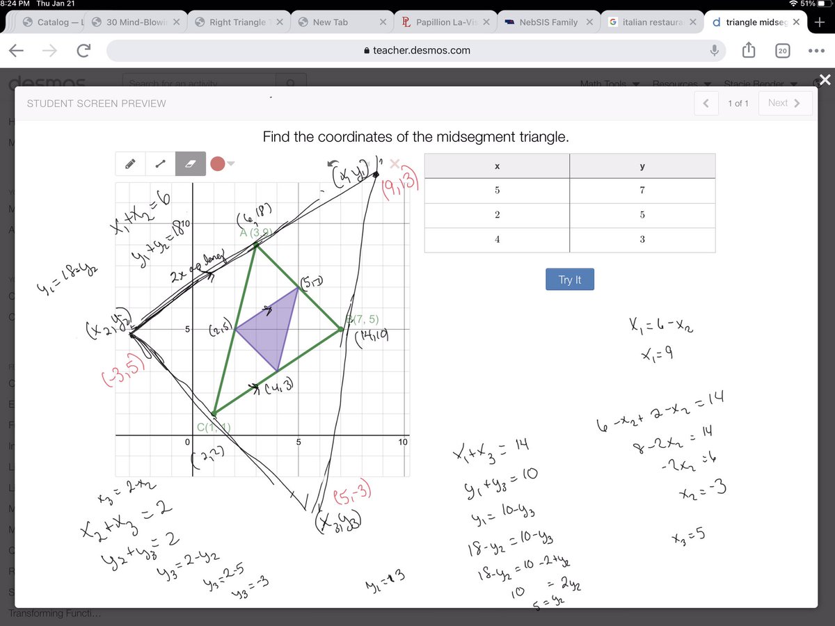 stacieb3's tweet image. Why is finding the ‘opposite’ of a midsegment triangle so much harder than finding the midsegment triangle? And why am I going down this rabbit hole instead of grading tests? And how many similar triangles are there? #mtbos #iteachmath