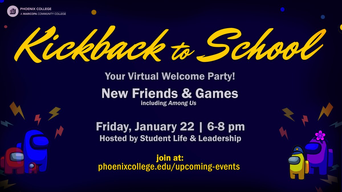 PhoenixCollege's tweet photo. Want to start off school with a fun, interactive party? Join Phoenix College Student Life & Leadership's "Kickback to School!"
You can also view their Facebook Page (tagged above) for more updates if you're a student. #pcstudentlife
https://t.co/yTA8vAiYmO https://t.co/5i9VwFijjl