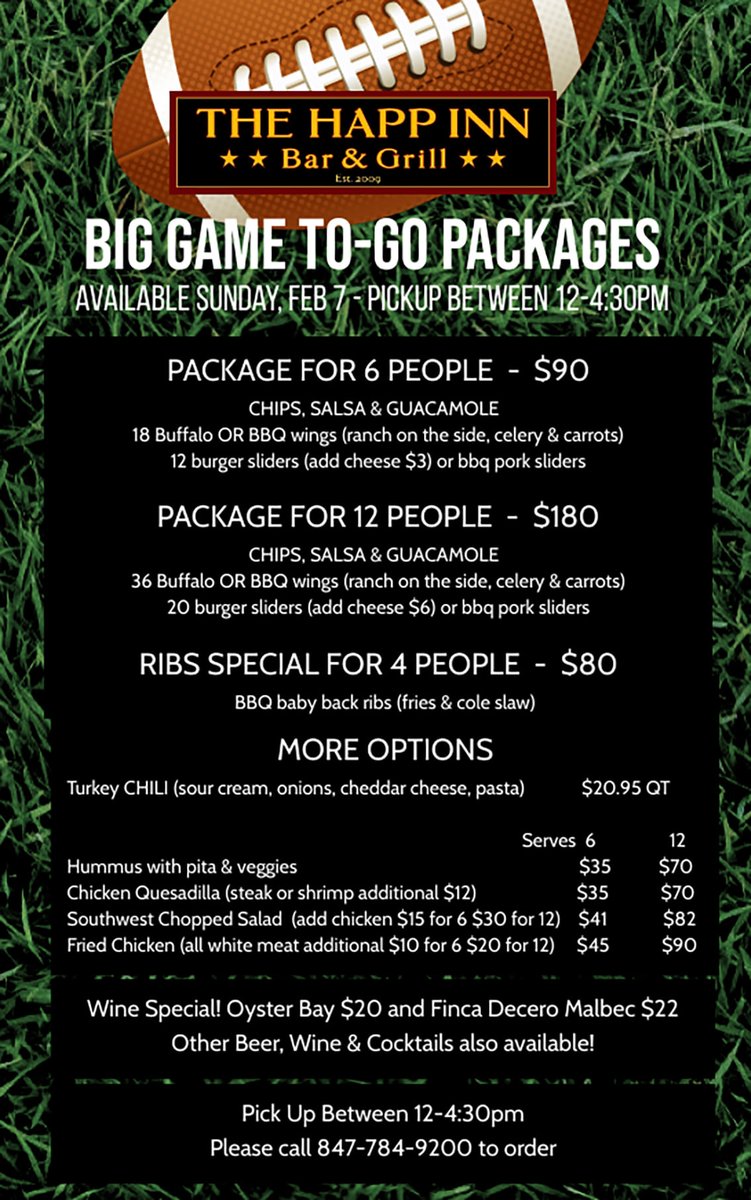 ORDER NOW for the BIG GAME! RT <a href="/ChicagoNShore/">Chicago North Shore</a>: YUM: Check out The Happ Inn Bar and Grill’s Big Game specials happening on February 7th! Call (847)784-9200 to place your order! thehappinn.com
#northfieldIL #northfieldEats #HappInn