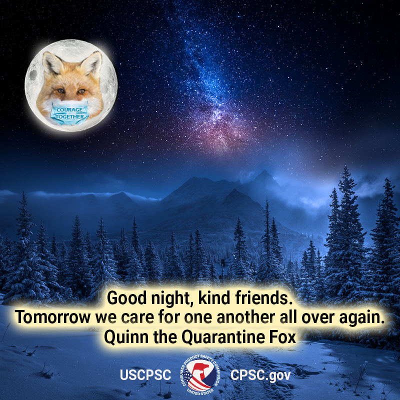 A fox in the moon wearing a mask that says "courage together" over a snowy forest. A galaxy is visible in the distance. The text reads: Good night, kind friends. Tomorrow we care for one another all over again. Quinn the Quarantine Fox.