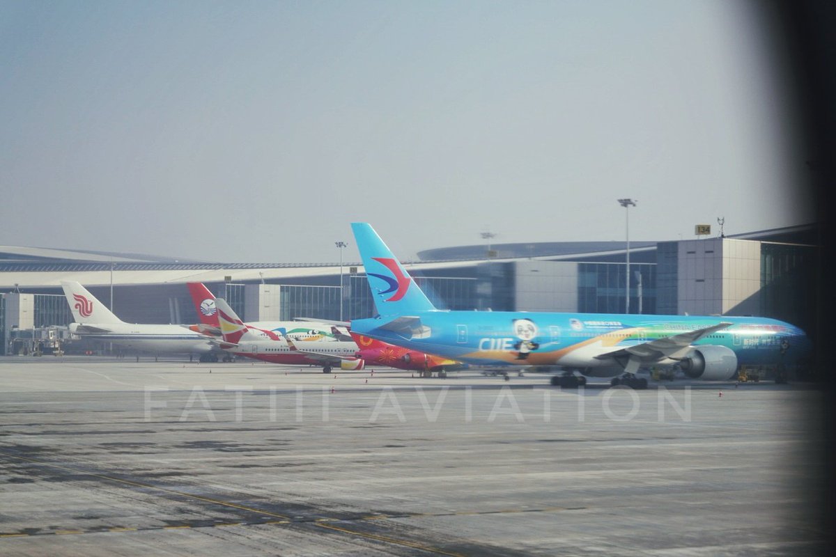 From left to right:Air China 747-8Sichuan Airlines A330-300Lucky Air 737-800Chengdu Airlines ARJ21China Eastern 777-300ERShot from China Southern A380 #TFU  #AvGeek