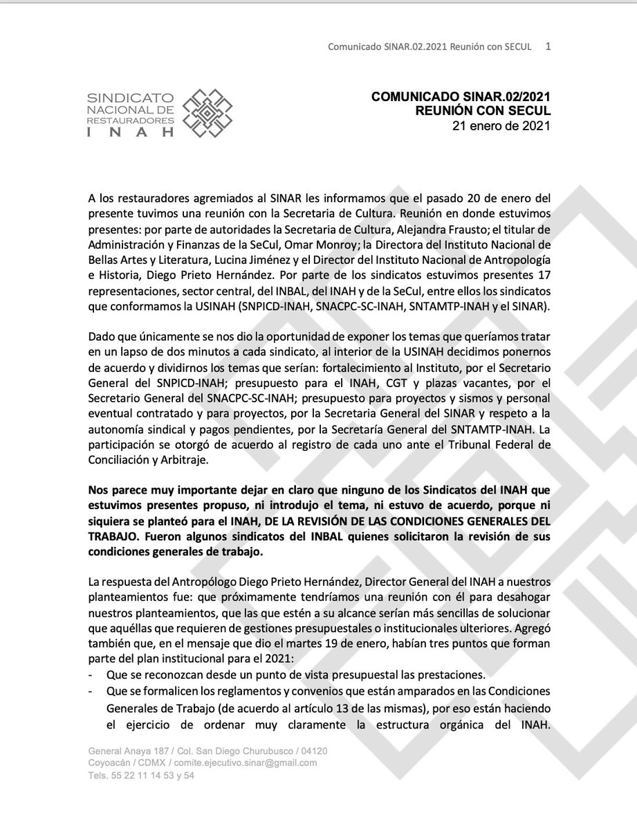 INAH_SINAR's tweet photo. Comunicado del Comité Ejecutivo del #SINAR para todos los restauradores agremiados, acerca de la reunión que se mantuvo el día 20 de enero entre la #SECUL y los distintos sindicatos de la rama de Cultura.
¡Por la defensa del patrimonio cultural y los derechos laborales! https://t.co/aLmu5Fuzsi