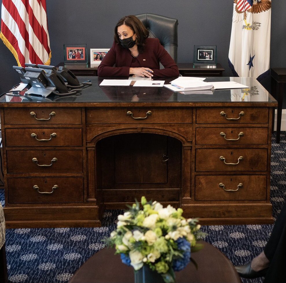 Vice President Kamala Harris at work. She’s there to get things done. Beautiful office. Seeing her sitting at her desk is just amazing!!