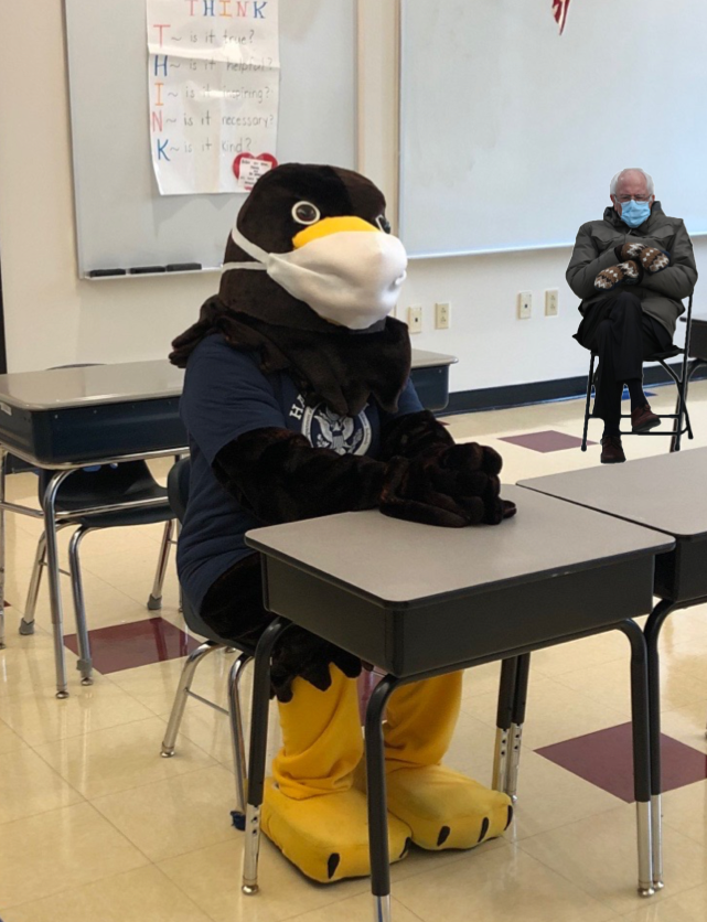 NotesByMrsC's tweet photo. Hey #lpsHAWKS, Harry the Hawk is ready for Spirit Day today with his "We All Belong" shirt on! WHOA! @BernieSanders is watching Harry like a hawk (😂), making sure he's staying safe at school! #schoolspirit #joyinlearning (or #joyinmittens?🤣) @Hawk_Principal @lexingtonsuper https://t.co/b6Peedojvf