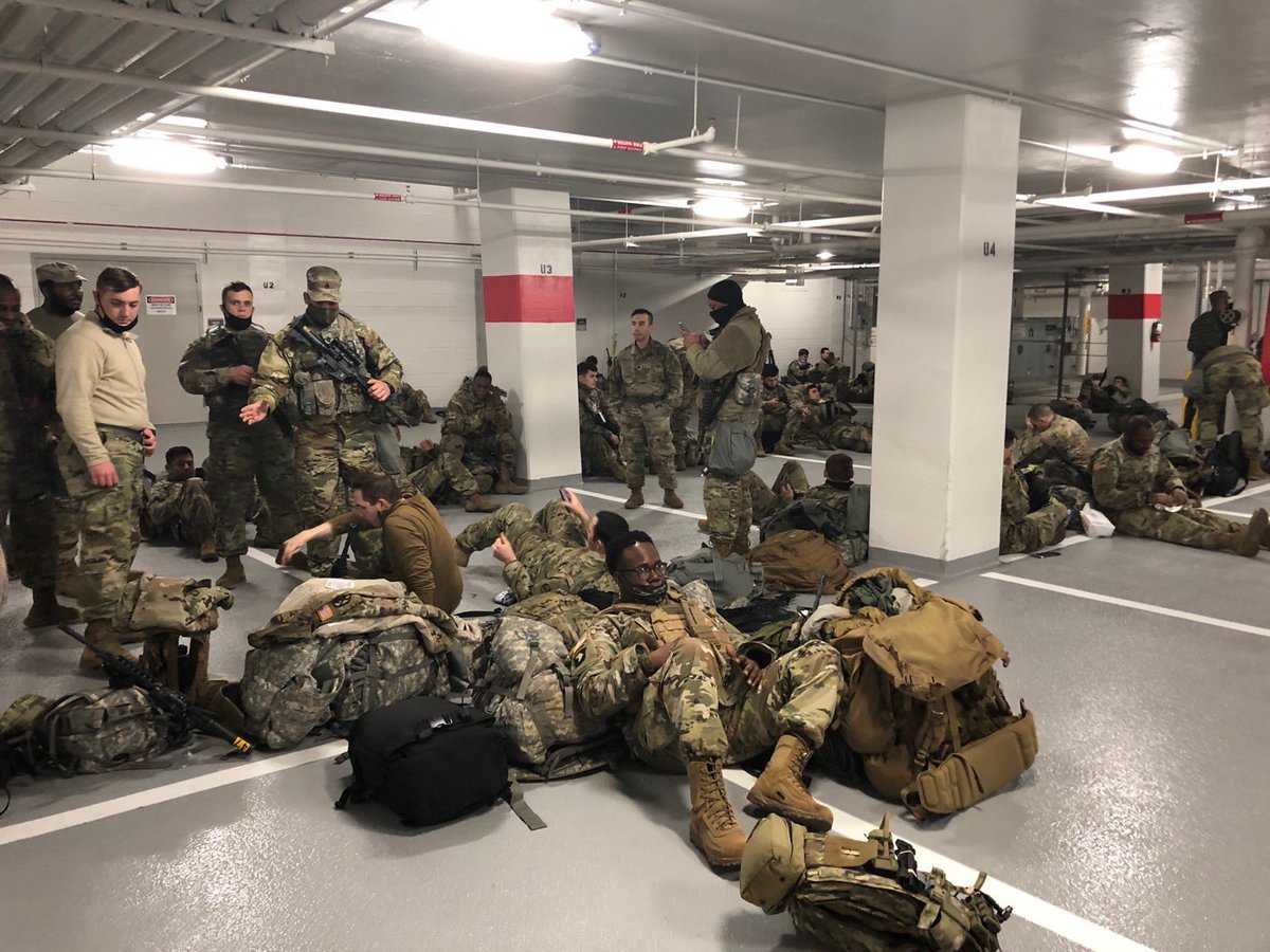 SenatorTimScott's tweet photo. Our troops deserve the utmost honor &amp; respect for securing the Capitol &amp; defending democracy this week. 

This is unconscionable &amp; unsafe. Whoever’s decision this was to house our National Guardsmen &amp; women in underground parking lots must be held accountable. https://t.co/mBwpoog6YC