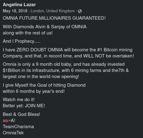 OzDelphi's tweet photo. @Angelina_Lazar @iproblemtweets The evidence of your enthusiastic involvement in OmniaTek is still on your Facebook page, Angelina.

"My 1st sign-up was a Central Banker ..." 
"I give myself the goal of hitting diamond within 6 months"

You certainly how to pick 'em, Angelina: OmniaTek, Nexxus, OneCoin. https://t.co/vqZtcgs8e6