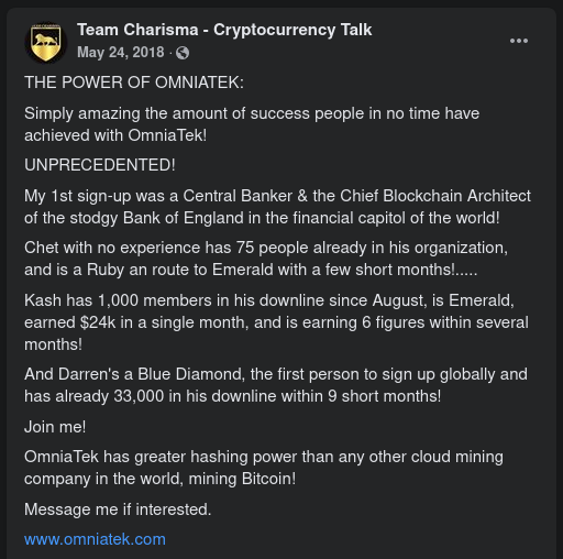 OzDelphi's tweet photo. @Angelina_Lazar @iproblemtweets The evidence of your enthusiastic involvement in OmniaTek is still on your Facebook page, Angelina.

"My 1st sign-up was a Central Banker ..." 
"I give myself the goal of hitting diamond within 6 months"

You certainly how to pick 'em, Angelina: OmniaTek, Nexxus, OneCoin. https://t.co/vqZtcgs8e6