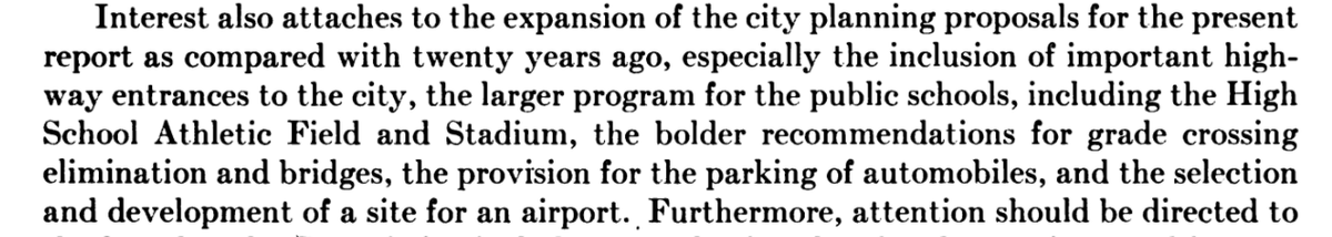 Nolen calls out the importance of "provision for the parking for automobiles", this is the oldest reference I've seen so far in a planning document