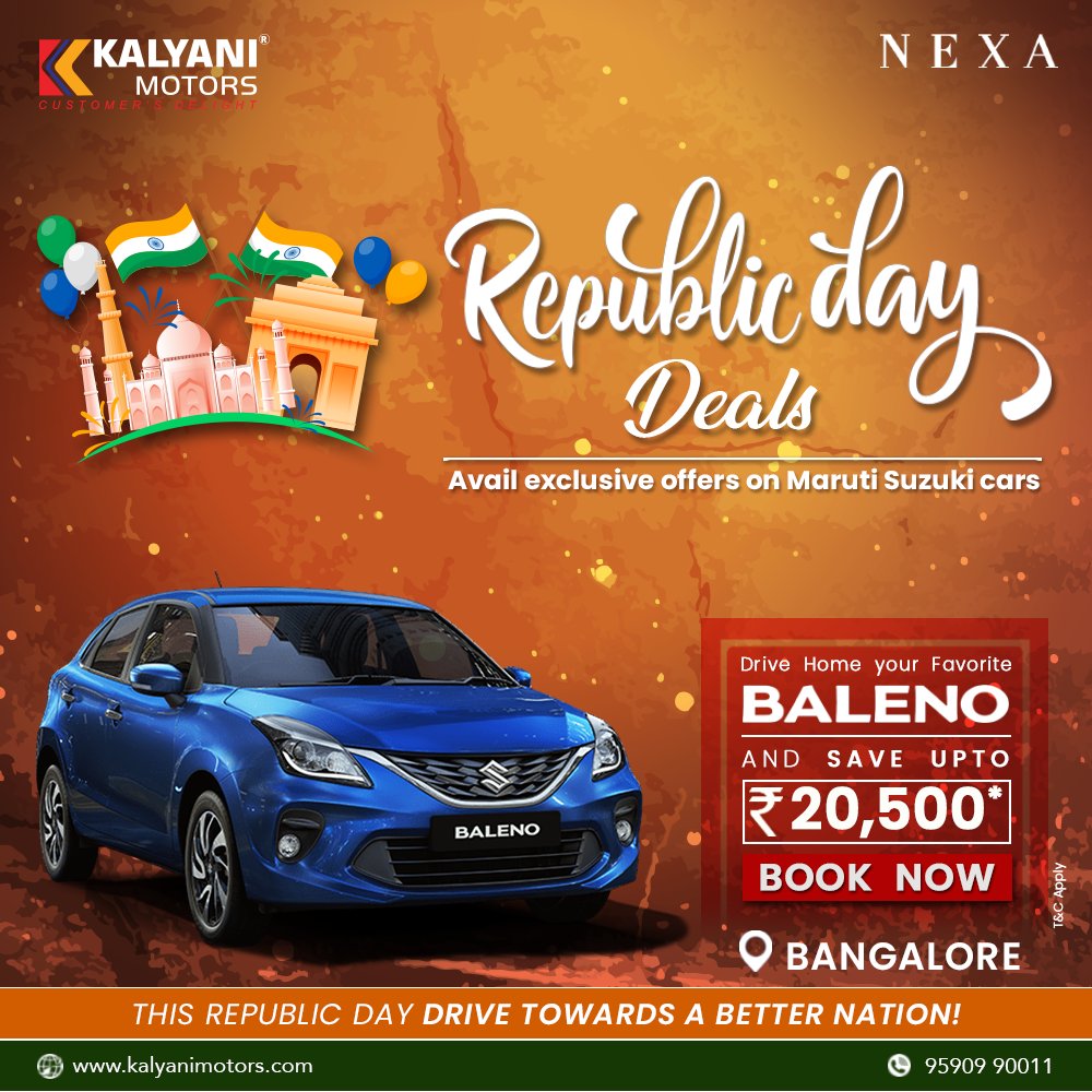 KalyaniMotors's tweet image. This 72nd Republic Day drive towards a better nation with Maruti Suzuki NEXA car and avail amazing offers. Hurry!! Book you favorite car now from Kalyani Motors Bangalore.                  
kalyanimotors.com #republicday #marutisuzukinexa #saveupto #kalyanimotors