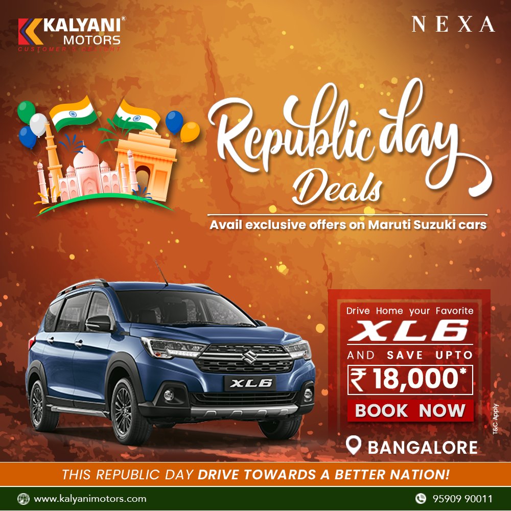 KalyaniMotors's tweet image. This 72nd Republic Day drive towards a better nation with Maruti Suzuki NEXA car and avail amazing offers. Hurry!! Book you favorite car now from Kalyani Motors Bangalore.                  
kalyanimotors.com #republicday #marutisuzukinexa #saveupto #kalyanimotors