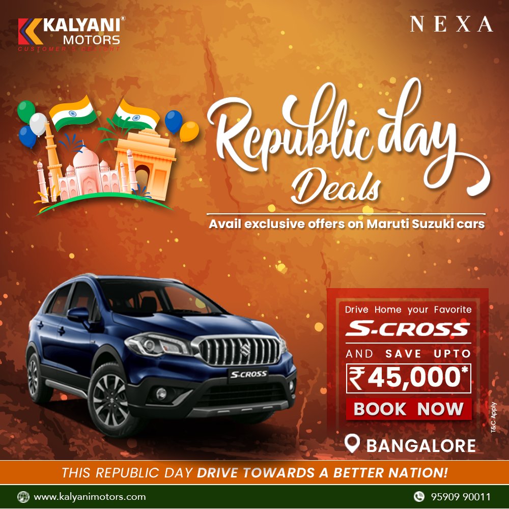 KalyaniMotors's tweet image. This 72nd Republic Day drive towards a better nation with Maruti Suzuki NEXA car and avail amazing offers. Hurry!! Book you favorite car now from Kalyani Motors Bangalore.                  
kalyanimotors.com #republicday #marutisuzukinexa #saveupto #kalyanimotors