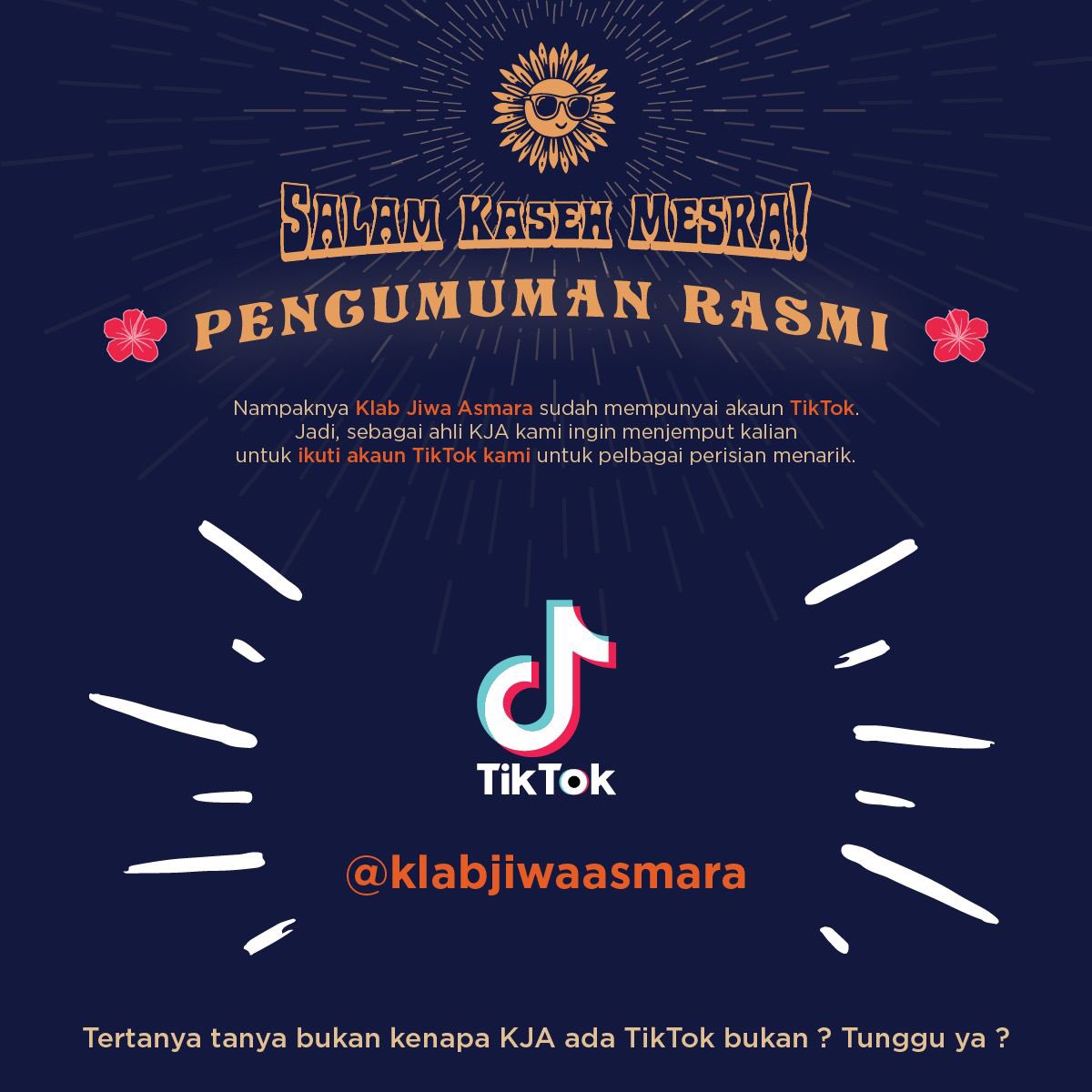 Salam Kaseh Mesra🌺

Nampaknya KJA dah ada tiktok.

Untuk apa ye ? Hmm...

Tidak mengapa, mesti ada sesuatu ni.

Apa kata kalian “follow” dahulu sebab ada “benda” menarik akan tiba ni.
