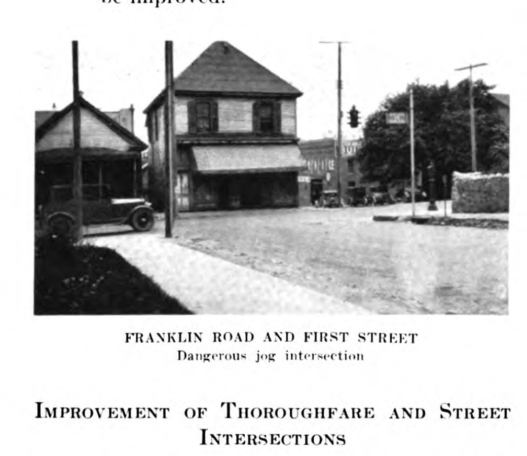 Nolen asserts that "jogs" that slow down these new cars in cities are "dangerous and interrupting" and advises condemning nearby private property for demolition to allow new slip lanes for faster travel in the city and "settled and attractive property frontages"