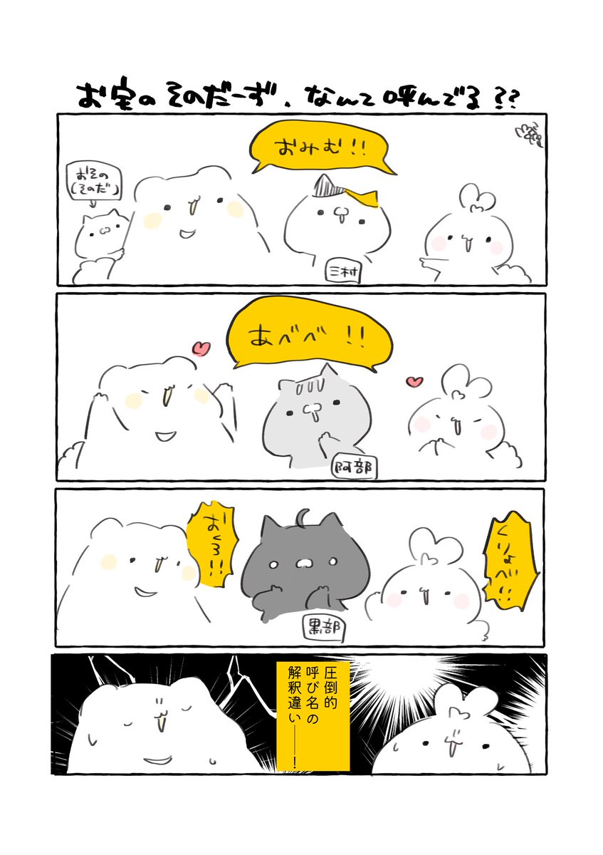 #おかえり園田くん たちを、どんな名前で呼んでいるか論争??

※ご家庭によって呼び名がちがうそのだーず本当に愛しいよねという漫画

#実録漫画 #エッセイ漫画 #漫画が読めるハッシュタグ #絵柄が好みって人にフォローされたい #花丸くまっま出没注意 