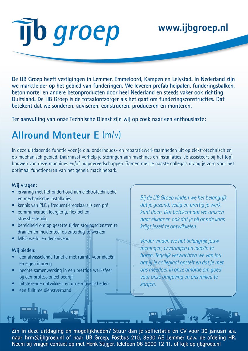 Ter aanvulling van onze Technische Dienst zijn wij op zoek naar een enthousiaste Allround Monteur E, verantwoordelijk voor diverse elektrotechnische en mechanische werkzaamheden: ijbgroep.nl/ijb-groep/werk…