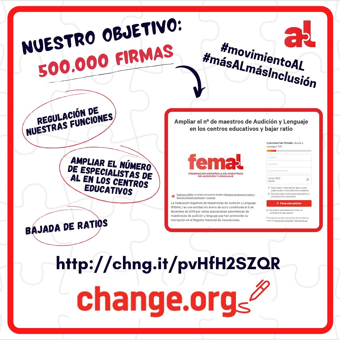 Femal_al's tweet photo. 🆘Necesitamos 500.000 firmas para cumplir nuestro objetivo!
💥Con la campaña de recogida de firmas solicitamos:
✅Regular nuestras funciones
✅Ampliar el n°de especialistas de AL para alcanzar la #inclusión real
✅Reducir las ratios
🧩
#movimientoAL #másALmásInclusión #FEMAL https://t.co/MbFn0Qg5OR