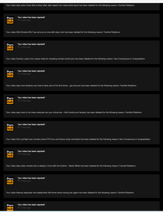 1 pic. This is what my @PornHub notifications look like. PAGES of demonetization and deleted videos.
You