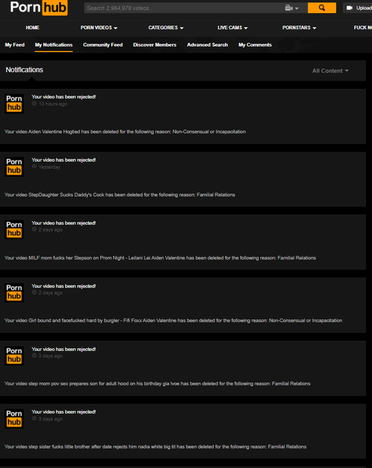 2 pic. This is what my @PornHub notifications look like. PAGES of demonetization and deleted videos.
You