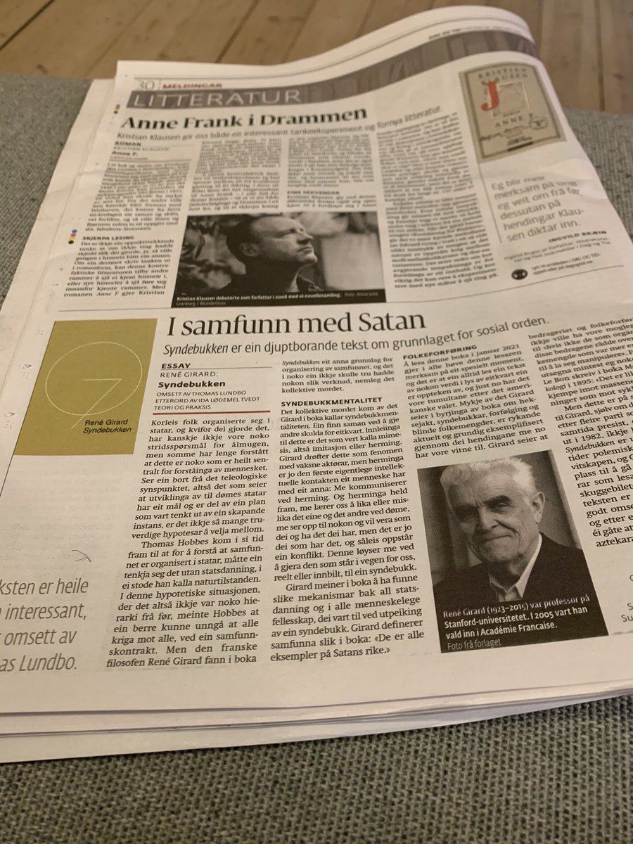 Idafje's tweet photo. «Mykje av det Girard seier i byrjinga av boka om heksejakt, syndebukkar, forfølging og blinde folkemengder, er rykende aktuelt og grundig eksemplifisert gjennom dei hendingane me no har vore vitne til.» skriver Odd W. Surén om SYNDEBUKKEN i ukens @dagogtid https://t.co/XOrktksQxK