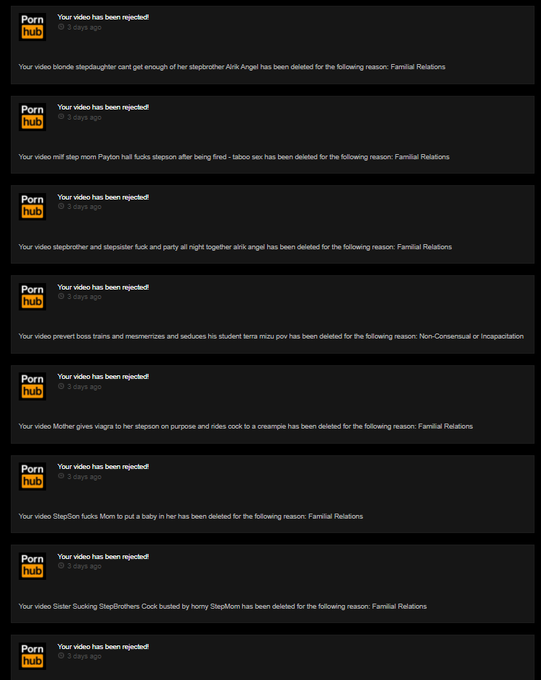 3 pic. This is what my @PornHub notifications look like. PAGES of demonetization and deleted videos.
You