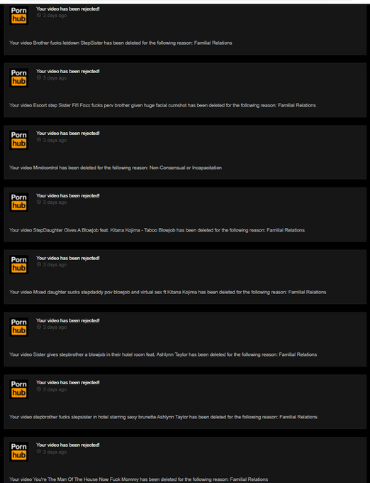 4 pic. This is what my @PornHub notifications look like. PAGES of demonetization and deleted videos.
You