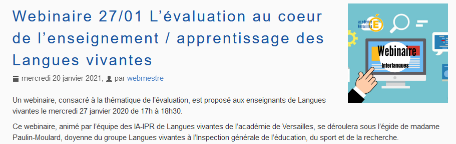 frederic_cherki's tweet photo. 27 janvier 17h-18h30 
#Webinaire sur l’#évaluation au coeur de l’enseignement dans l'apprentissage des #LVE proposé par les Ia-Ipr de langues d'@acversailles.
Introduction de F. Paulin-Moulard, doyenne du groupe lve de l’#igesr. @eduscol_LV @LV_Versailles 
https://t.co/WlmanrGKOH https://t.co/smsfkDIN6Z