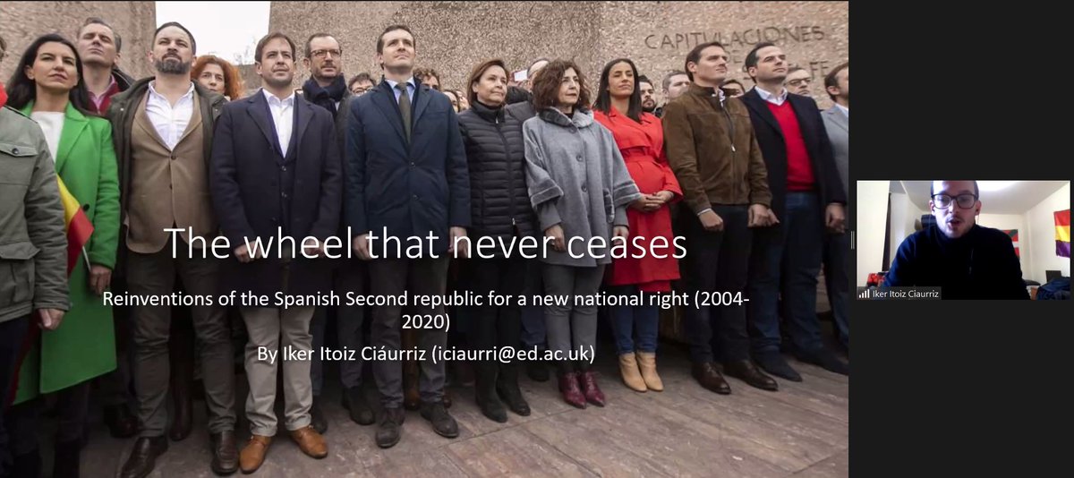 We are now listening to an insightful paper from @ICiuarriz 'The wheel that never ceases: Reinventions of the Spanish Second Republic for a new national right (2004-2020)' #VisionsSpain