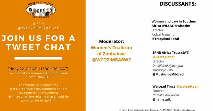 WCOZIMBABWE's tweet photo. The ZIMBABWE INDEPENDENT COMPLAINTS COMMISSION BILL (ZICC) gazetted on 24/11/20 seeks to establish an independent complaints’ Commission for members of the public  to lodge complaints against members of the security. Let's talk about it @MushunjeMildred @namataik_ @TraquinoFadzai https://t.co/bK0V3Q8BWA