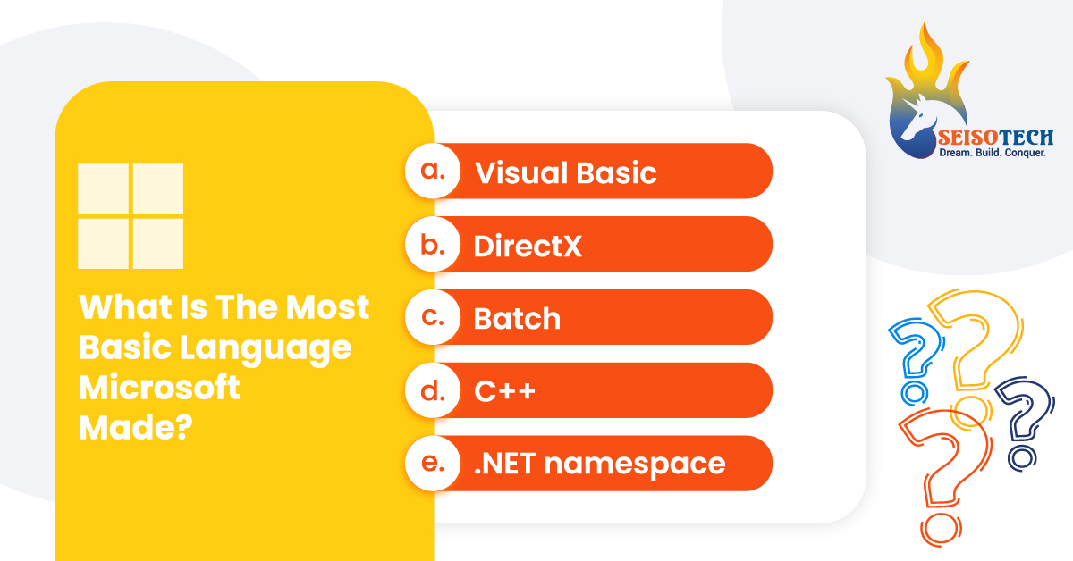 seiso_tech's tweet image. What is the most basic language Microsoft made?
1. Visual Basic
2. DirectX
3. Batch
4. C++
5. .NET namespace
#QuizPost #Microsoft #DeveloperQuiz #SeisoTech