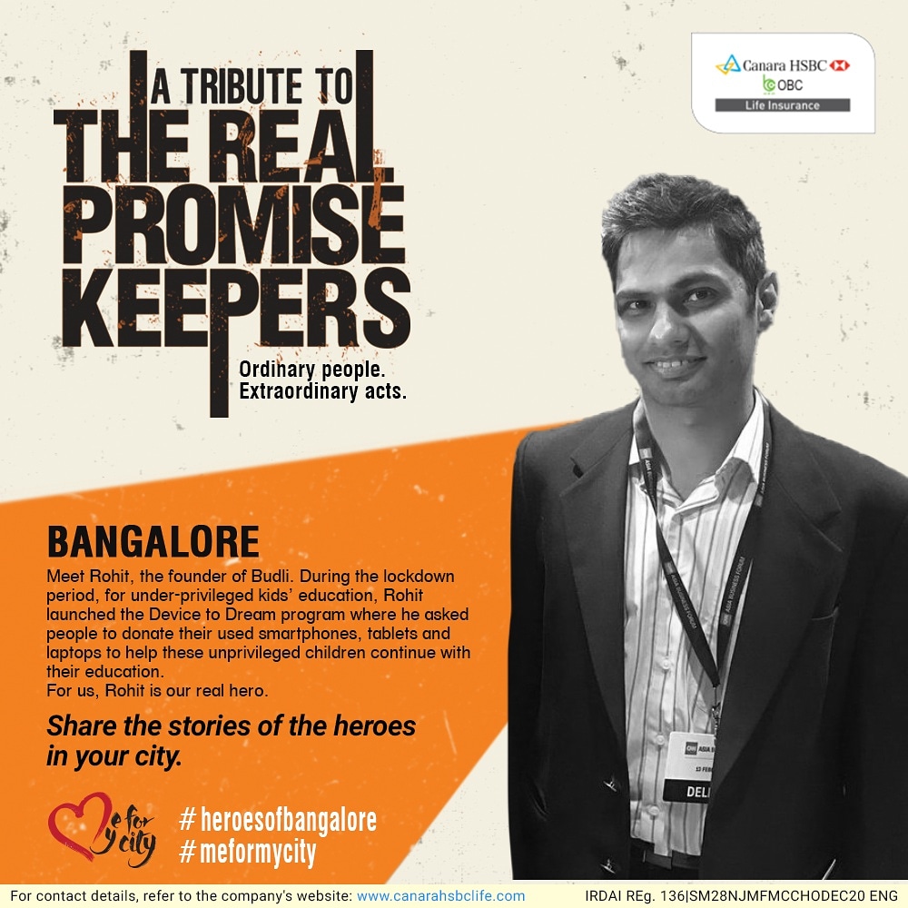 CanaraHSBCLI's tweet photo. During the lockdown, Rohit, the founder of Budli, launched the Device to Dream program, for under-privileged kids’ education. For us, Rohit is a real hero.

You too must know a real hero in your city, so join #meformycity initiative and share their stories in the comments below. https://t.co/liFL8Ibwxp