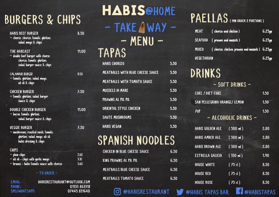 Fancy some Habis@Home this weekend? 

Here's our #takeaway menu!

Fri: 5pm to 10pm
Sat: 11am to 3pm, 5pm to 10pm

E: habisrestaurant@outlook.com 
T: 01353 863318 (From 11am)
SMS/WhatsApp: 07445 831648 (From 11am) 

#cambs #foodies