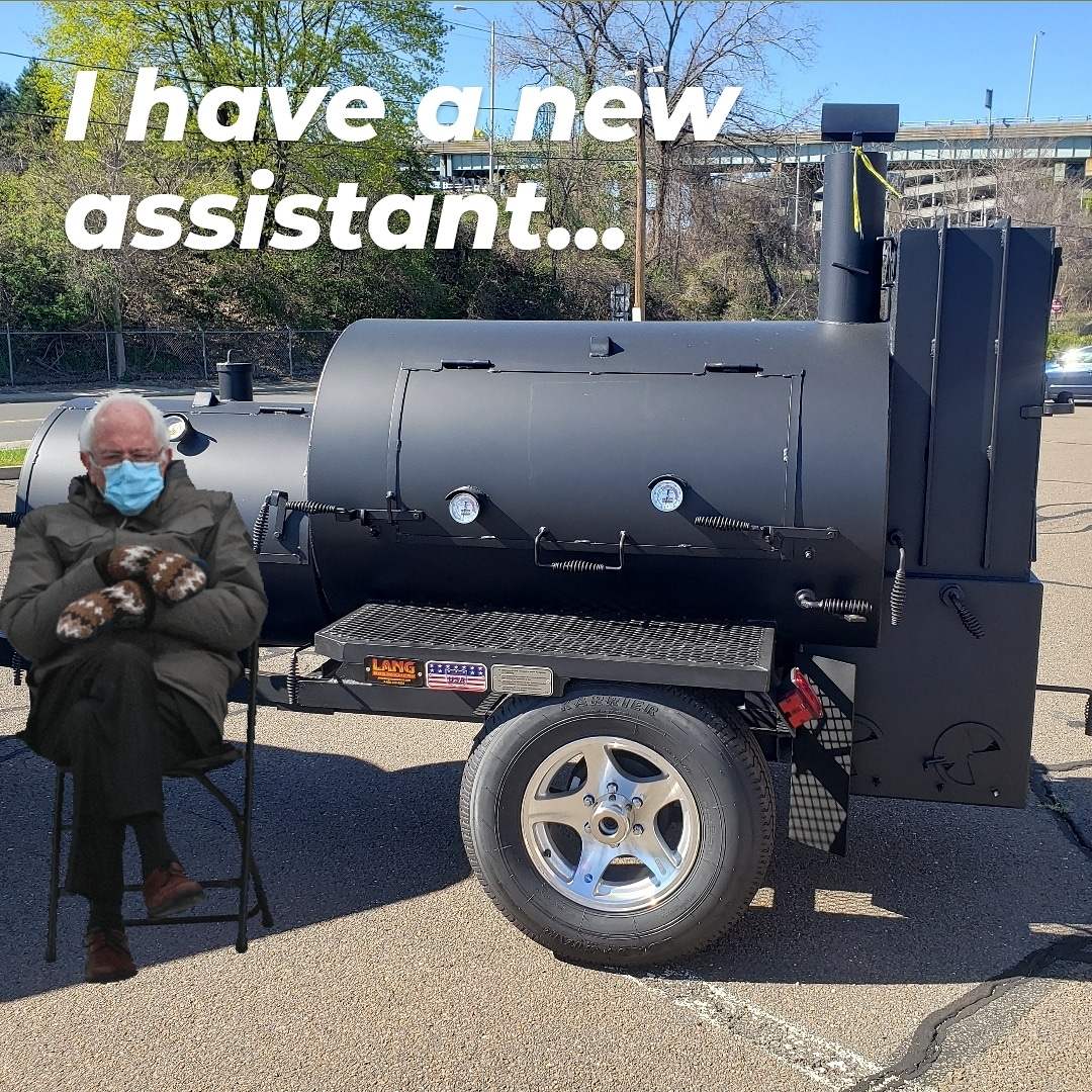 unionpigbbq's tweet photo. I have a new assiatant for this spring! #sitwithbernie #berniesanders #bernie #unionpigbbq #bbq #smokers #bbqsmokers #langbbqsmokers https://t.co/HaNQVflHdp