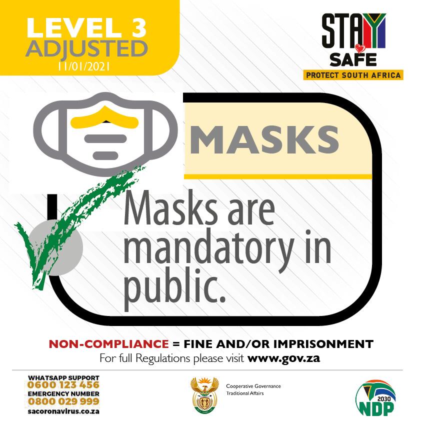 Good morning,  any person who does not wear a mask in a public place will be committing an offence. Let us all fight the pandemic fatigue and continue to rigorously adhere to the health protocols. #staySafe #PlatYourPart #COVID19SA