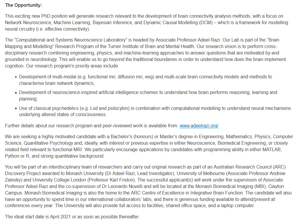 Adeel Razi (@adeelrazi) on Twitter photo Our lab is looking for a motivated PhD candidate, someone interested in models, brains, networks & kangaroos. Position funded by ARC so few specific rules apply (DMs open). Apply online here: bit.ly/394lneb
Deadline: 15 March
<a href="/novelli_leo/">Leonardo Novelli</a> <a href="/AndrewZalesky/">Andrew Zalesky</a> @FarlKriston Our lab is looking for a motivated PhD candidate, someone interested in models, brains, networks & kangaroos. Position funded by ARC so few specific rules apply (DMs open). Apply online here: bit.ly/394lneb
Deadline: 15 March
<a href="/novelli_leo/">Leonardo Novelli</a> <a href="/AndrewZalesky/">Andrew Zalesky</a> @FarlKriston