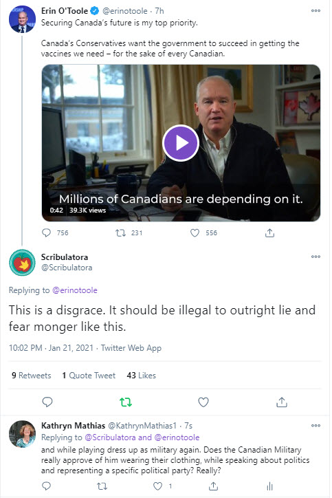 12/adding a screenshot of the CPC leader's post from today. Not only is he incorrect with his statement, but he's also interfering with the independent branch of Health Canada, as well as the work of Procurement Min Anand - while wearing Canadian Military clothing