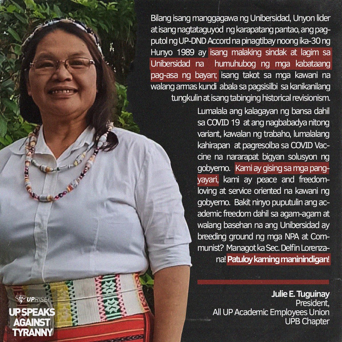 upriseupb's tweet photo. UP SPEAKS AGAINST TYRANNY
On defending our academic freedom and university

"Ang pagputol ng UP-DND Accord na pinagtibay noong ika-30 ng Hunyo 1989 ay isang malaking sindak at lagim sa Unibersidad na  humuhubog ng mga kabataang pag-asa ng bayan."

#DefendUP https://t.co/hy8Ngkb0LU