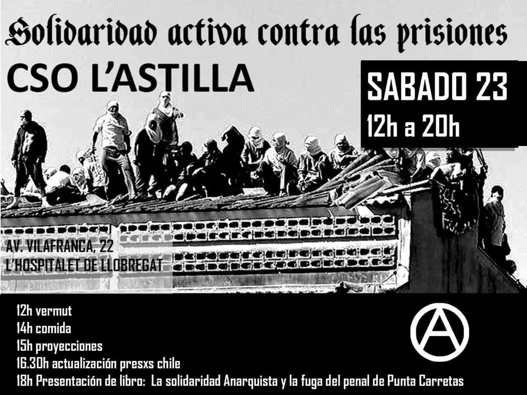 Para les amigues q están en BCN este sábado,se hará una actividad anticarcelaria en solidaridad con compañerxs represaliadxs.Entre otras cosas,se presentará virtualmente el folleto sobre la fuga d Punta Carretas d 1931 q se editó tanto en Montevideo como en BCN.Difunde y colabora