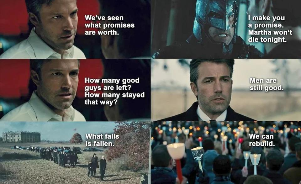 BvS is a comforting hug for all your insecurities and hope for redemptionIt gives faith that no matter how many "Nobody stays good in this world" you come across, the journey has "We can rebuild, we can do better" too,coupled with awesome cinematography and heartfelt scores5/5